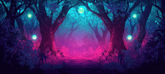 magical forest illuminated by glowing orbs, vibrant foliage, and mystical atmosphere