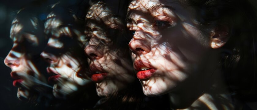 Abstract portrait.  Multiple faces emerge from shadows, each showing different emotions. Surreal art with red lips and shadowy veils.