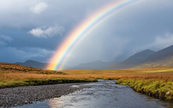 vibrant double rainbow arcs over sparkling river in serene countryside landscape
