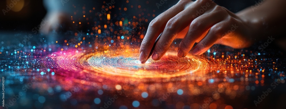 Poster Business Analyst Hand Using Stylus on Digital Tablet with Data Overlays and Graphs in Soft Natural Lighting