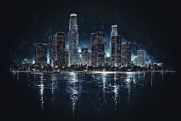 Naklejka premium Night cityscape reflected in calm water. Illuminated skyscrapers create a dramatic, urban scene.