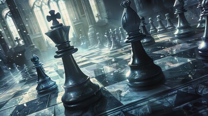 3D rendering of a chessboard with black and silver pieces. The pieces are arranged in a way that suggests a game in progress.