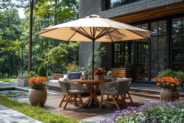 Obraz premium Garden table with chairs and a large umbrella on a sunny day.