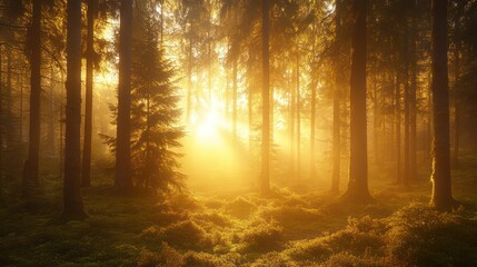 Obraz premium Golden Hour in the Enchanting Forest: A Sunrise Symphony of Light and Shadow