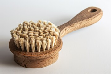 Artisanal wooden dish brush. Natural bristles meet organic oak. Soft light highlights textures. Premium quality. Clean white background.
