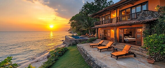 Obraz premium Oceanfront villa sunset view, luxury beach house with infinity pool and patio lounge chairs.