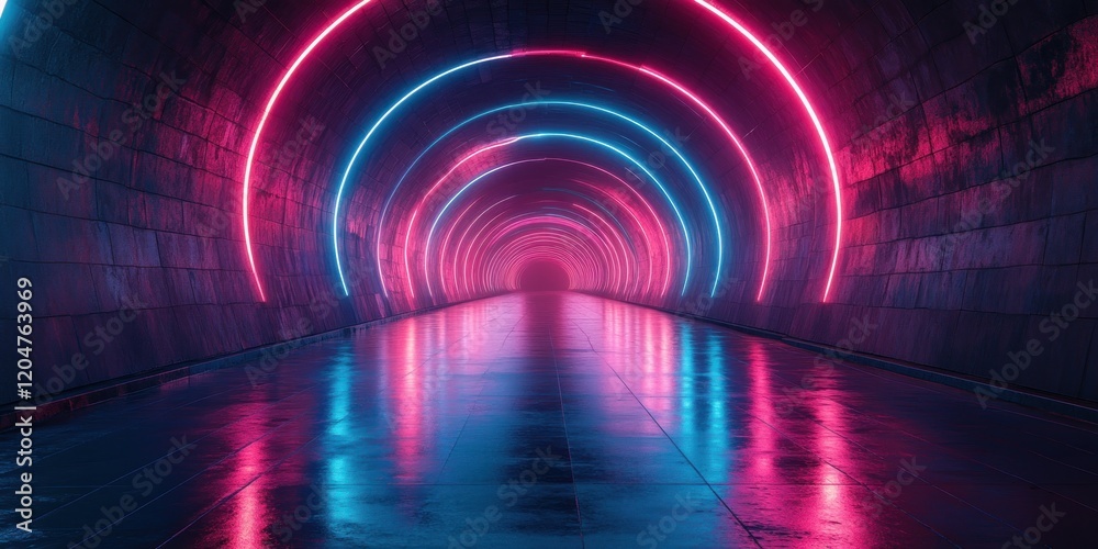 Aufkleber futuristic cyberpunk tunnel neon arcs glowing lights reflections 3d rendering background corridor st