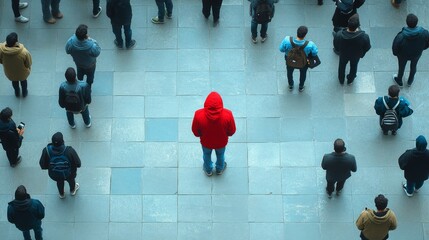 A man in a red jacket stands alone in a crowd of people