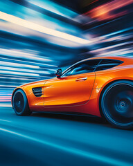Obraz premium Orange Sports Car in Motion, City Night Background