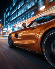 Orange Sports Car in Nighttime City Motion