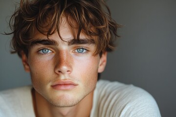 Fototapeta premium Closeup portrait of young man with stylish hair smiling happily against grey background