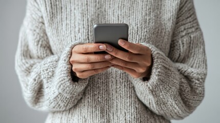 A woman is holding a cell phone in her hand while wearing a sweater