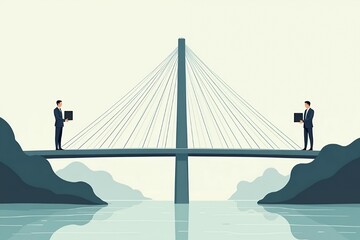 A symbolic vector featuring a large bridge connecting two continents, with business figures standing on either side, representing cross-border partnerships and global trade.