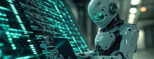 Futuristic Robot Technology Cyberpunk AI Automation Digital Transformation 3D DMS Cloud Security Workflow