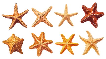 Collection of Various Starfish, Ocean Life, Beach Decor, Nautical Theme, Isolated on White Background Cutout