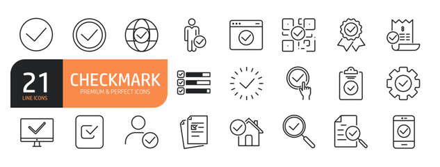 Set of line icons related to approval, checkmark, confirmation, certification, validation, document, accept, checklist and more. Outline icons collection. Editable stroke. Vector illustration