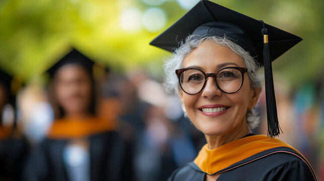 Mature Hispanic female professor attending college graduation, faculty formal attire concept