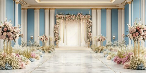 Elegant Wedding Ceremony Floral Arch Setup in Grand Hall