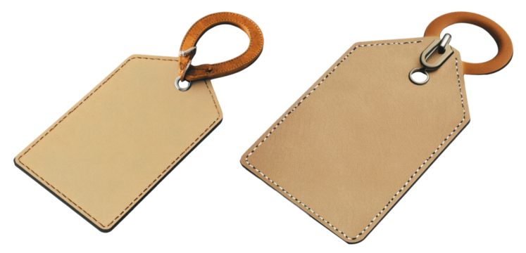 Beige Leather Luggage Tags with Brown Leather Loops Blank Template on transparent background