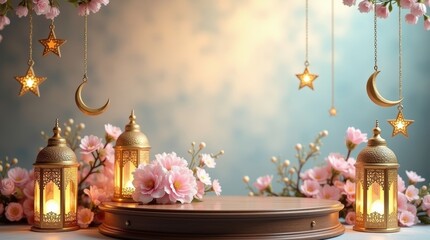 A decoration of simple podium with golden lanterns and flowers 