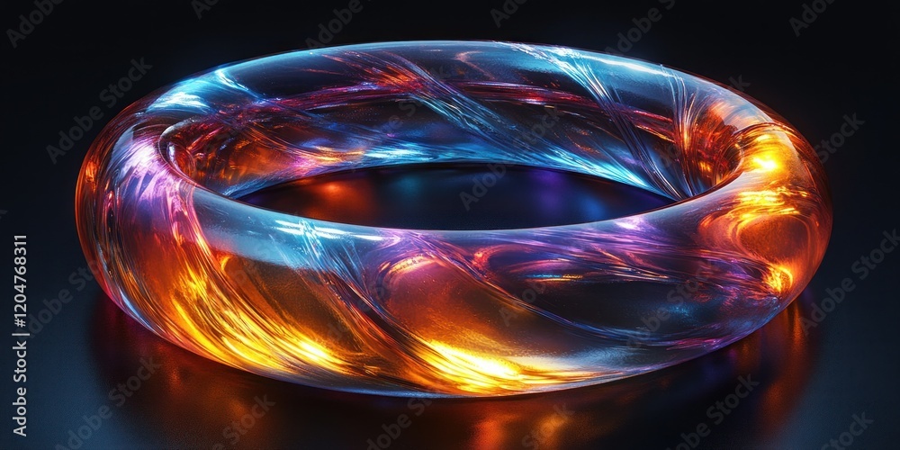Poster iridescent metallic ring with reflections and soft lighting on dark background