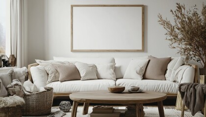 Scandinavian living room with a blank framed poster on the wall above a white sofa and table.