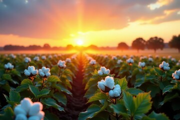 Spray nozzles on cotton plants in the fading light of sunset, fertilizers, landscape, fields