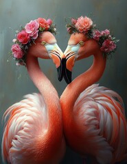 Naklejka premium pink flamingo romantic watercolor with floral crowns botanical print elegant illustration