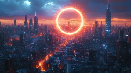 Futuristic Cyberpunk City Aerial View with Neon Lights and Glowing Portal