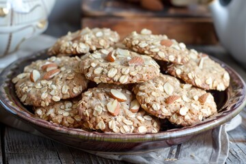 Obraz premium Golden brown oat cookies with crunchy almond topping. A rustic kitchen setting. Served on a ceramic plate. Naturally lit.