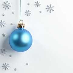 Fototapeta premium Tiny snowflakes scattered on a white background with a single blue bauble hanging from it, white, blue, small details
