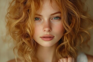 Naklejka premium Portrait of Young Woman with Curly Hair Smiling in Minimalist Beige Background Focused on Beauty and Hair Care