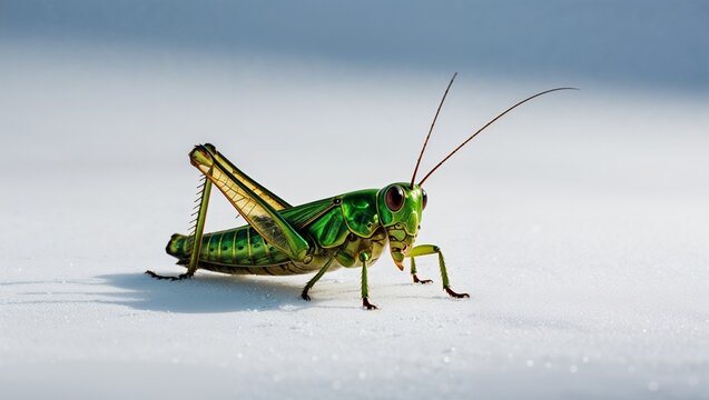 A striking close-up of a vibrant green grasshopper in detail.