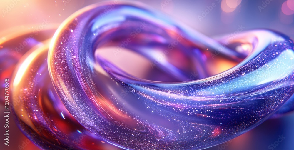 Poster futuristic abstract art with intertwined metallic rings and holographic sheen in soft ambient lighti