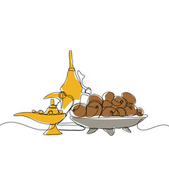 Lantern, teapot, cup and fast breaking dish for iftar with ramadan kareem in one single continuous line drawing style. Ramadan kareem concept.