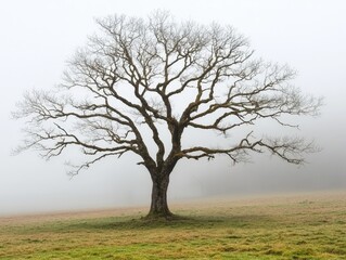 Obraz premium Silhouetted Leafless Tree in Foggy Field with Mysterious Atmosphere and Soft Natural Light