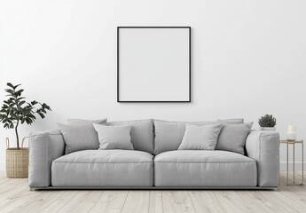 Lounge area with minimal decor, grey sofa, and mock-up poster on a white wall.