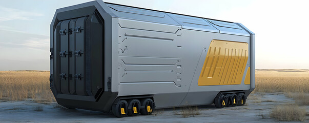 Futuristic cargo trailer in field. Sci-fi transport.