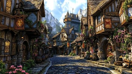 A detailed fantasy medieval street with timber-framed houses, stone pathways, colorful banners, and blooming flowers, set against a backdrop of towering mountains. Ideal for fantasy art, storytelling