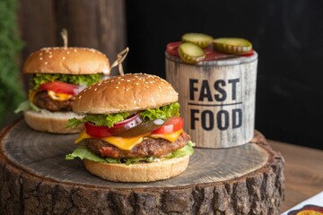 two burgers on a stump with the words fast food on.