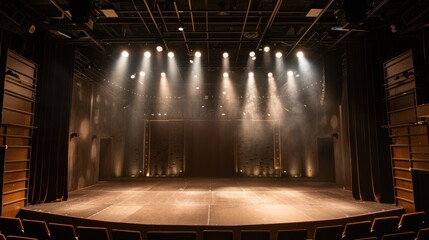 Intimate black box theater. Contemporary drama unfolds under minimalist set design. Dramatic spotlight effects create a captivating ambiance.
