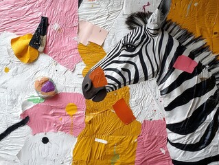 Obraz premium Colorful Abstract Artwork Featuring Zebra Head with Mixed Media Elements on a Textured Background