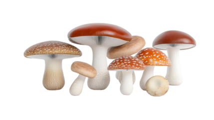 A diverse collection of delicious mushrooms, showcasing their unique shapes and colors. transparent background