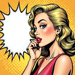 A chic blonde woman in pop art style whispering with burst-shaped speech bubble blank space for text