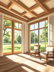 Fototapeta premium Sunlit Room with Wooden Beams and Garden View