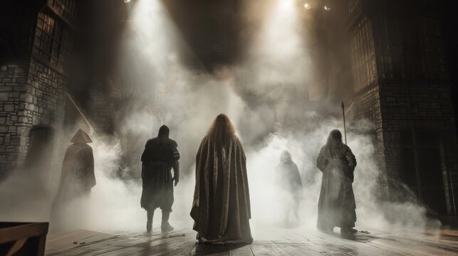 Macbeth's gothic stage drama unfolds. Medieval costumes shroud actors in fog-filled scene.  Professional lighting enhances the atmospheric intensity.