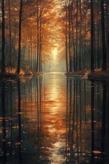 Morning Light on Reflecting Trees at a Serene Lakeshore in Autumn