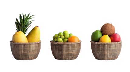 Colorful assortment of fresh fruits in woven baskets for healthy eating. transparent background