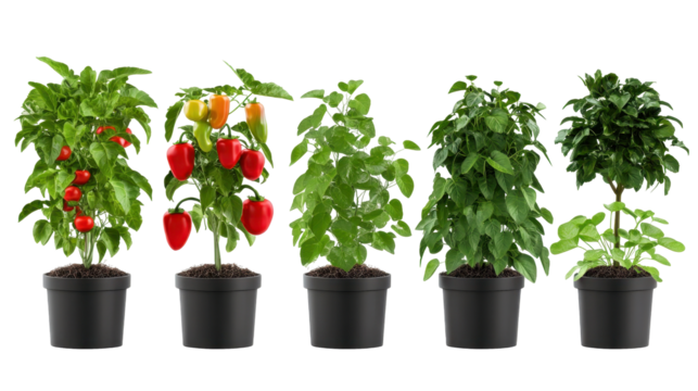 Colorful potted plants showcasing vibrant peppers and healthy green leaves. transparent background