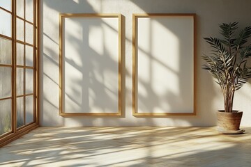 Obraz premium Minimalist Art Mockup Set of Two Empty Black Frames Bright Clean Modern Gallery Wall Decor